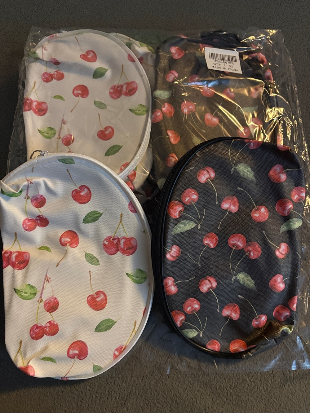 12 pk Cherry Print Make Up Bags - White & Black